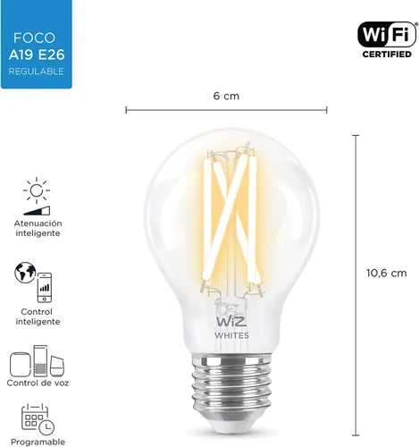 Vista 2 de WiZ - Bombilla inteligente LED transparente de 60 W A19 de filamento blanco sintonizable, paquete de 4, E26, para interiores, se conecta a tu Wi-Fi