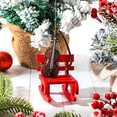 Vista 4 de Poen 1 pieza de adornos navideños para violín pequeño, adorno colgante de Navidad, pequeños instrumentos musicales, decoración para amantes