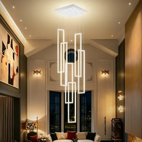 Vista 12 de Flashing God Candelabro moderno, candelabros cromados con 6 anillos LED, lámpara de techo alto más grande para sala de estar, lámpara rectangular