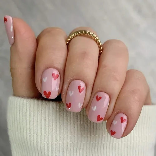 Vista 27 de Uñas postizas a presión para San Valentín, uñas postizas cortas cuadradas MABKJLF nude con diseños de labios, cobertura completa, pegamento