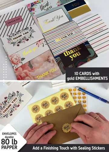 Vista 3 de 100 tarjetas de agradecimiento únicas a granel con sobres, tarjetas de notas en blanco de 4 x 6 con 100 diseños coloridos diferentes, sin