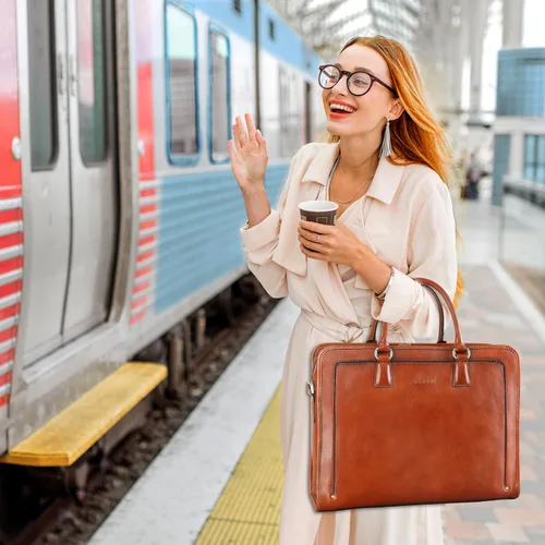 Vista 8 de Banuce Maletín de cuero italiano de grano completo genuino vintage para mujeres 14 pulgadas portátil bolsa de trabajo elegante de negocios marrón
