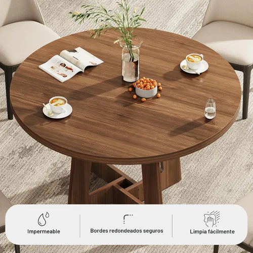 Vista 3 de Mesa de comedor redonda para 4, mesa de comedor de madera, mesa de cocina circular para el hogar, comedor, cocina, sala de estar (marrón nogal)