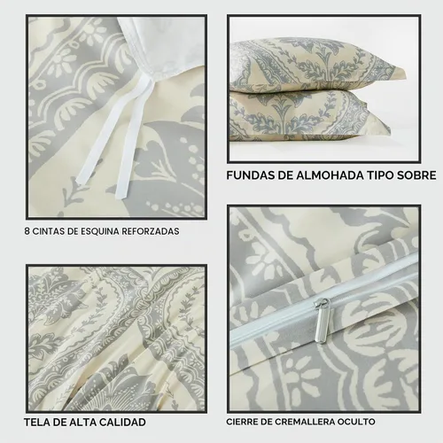 Vista 3 de Bedduvit Juego de funda de edredón de algodón, tamaño Queen, damasco, estampado de cachemira, transpirable, minimalista, con estampado de damasco