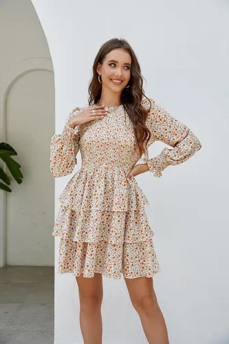 Vista 2 de Moreone Vestido de manga larga con cuello redondo fruncido para mujer, estampado floral, escalonado, volantes, acampanado, mini vestido fluido