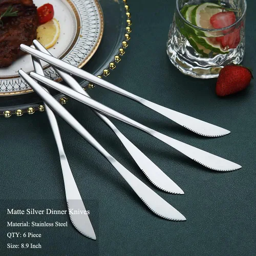 Vista 2 de HOMQUEN Cuchillos de cena, 6 piezas, cuchillo de cena de plata mate de acero inoxidable, cuchillo de mantequilla resistente, cuchillos