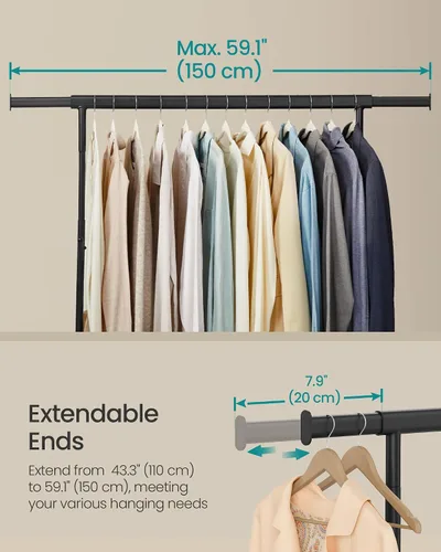 Vista 4 de SONGMICS Perchero con ruedas, estante de ropa resistente con varilla colgante extensible, capacidad de carga de 286.6 lb, 17.7 x (43.3-59.1) x 64.1