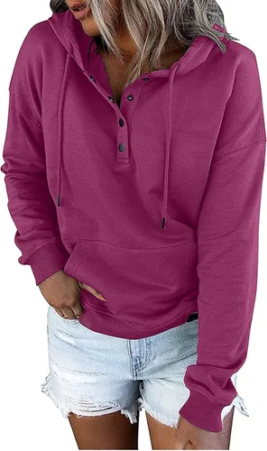 Vista 98 de Sudaderas con capucha para mujer, con cuello de botón, sin botones, con cordón, manga larga, lindas, ropa para adolescentes y niñas