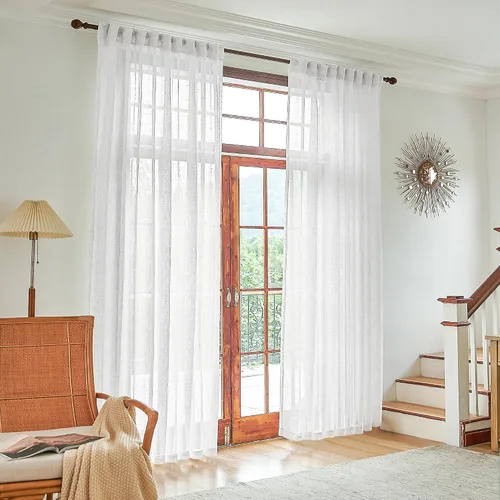 Vista 20 de 2 paneles de cortinas de lino transparente natural de 45 pulgadas, color beige para ventanas pequeñas, bolsillo con pestaña trasera, cortinas cortas