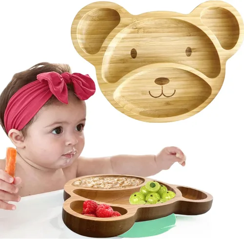 Vista 8 de Platos de bambú para niños - Platos para bebés y niños pequeños con succión para alimentación y destete, diseño de oso ecológico que promueve