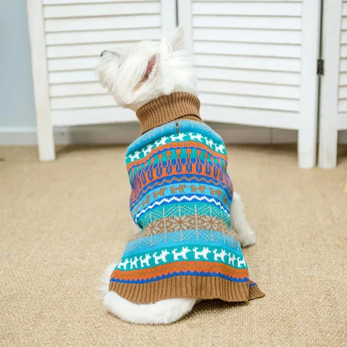 Vista 6 de Suéter Mihachi para perro - Ropa de abrigo de invierno con tiras coloridas para clima frío Marrón