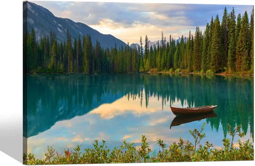 Vista 10 de SD SOFT DANCE - Lienzo de pared con paisaje del lago natural: arte de la naturaleza con escena de atardecer, bosque y montañas, pintura panorámica