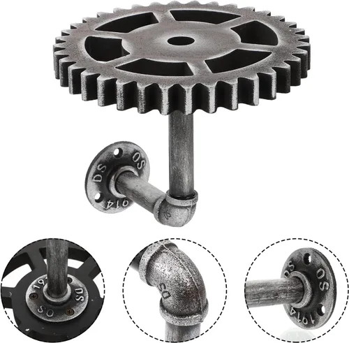 Vista 7 de Happyyami Estante de tubería Steampunk para tubería industrial, estante flotante de pared retro Steampunk, estante de engranaje rústico de hierro