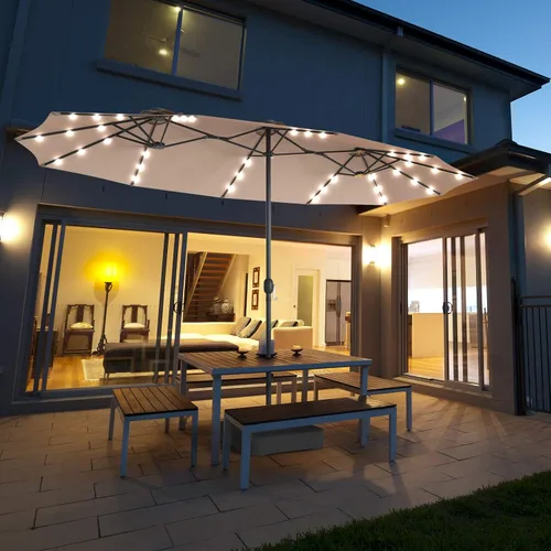 Vista 2 de Tangkula Sombrilla solar de patio de 15 pies con base, sombrilla individual extragrande de doble cara para exteriores con 36 luces LED y manivela