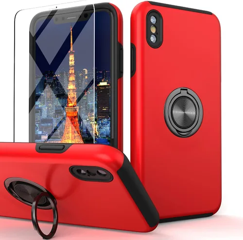 Vista 8 de Funda compatible con iPhone Xs Max con protector de pantalla de vidrio templado, funda híbrida 2 en 1, de ajuste delgado, con anillo magnético Azul