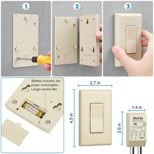 Vista 6 de Kit de interruptor de luz inalámbrico y receptor, interruptores de pared inalámbricos Ortis con rango RF de 300 pies para luces, ventiladores