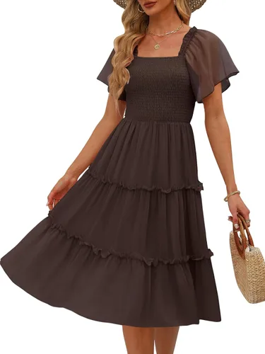 Vista 22 de LILLUSORY Vestido midi fruncido con cuello cuadrado y mangas con vuelo Negro