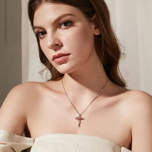 Vista 3 de ZDaoBen Star Cross Necklace Angel Wing Infinity Cross Pendant 925 Sterling Silver CZ Diamond Cross Necklace Women Birthstone Cubic Zirconia Cross