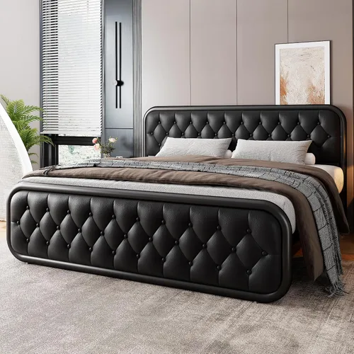 Vista 8 de GalnFu Marco de Cama de Metal Completo, Cama Tapizada con Cabecero y Pie de Cama de Cuero Capitoné, Cama de Plataforma en Forma de U de Servicio