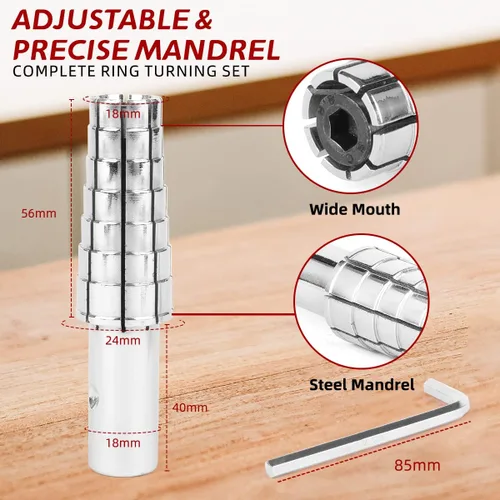 Vista 6 de Mandril de anillo de acero inoxidable expandible con llave Allen hexagonal, herramienta moldeadora de anillos resistente para torneado de anillos