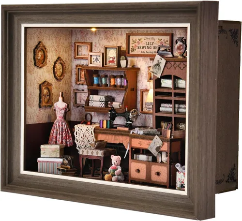 Vista 15 de Kit de rincón de libros, rompecabezas de madera 3D con control de interruptor LED y marco para montar en pared, casa en miniatura