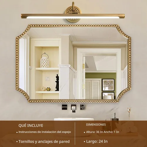 Vista 2 de Espejo de pared de 24 x 36 pulgadas, espejo decorativo rectangular de esquinas festoneadas, marco de cuentas de metal, decoración de pared para Oro