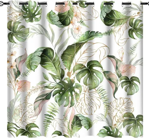 Vista 39 de Cortinas abstractas de hojas tropicales, acuarela tropical, hojas de palma, verano hawaiano, plátano, aislamiento térmico, cortinas completas