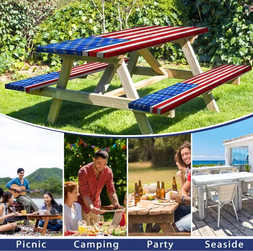 Vista 7 de Juego de fundas para mesa de picnic con bandera estadounidense con textura de madera, impermeable, resistente al viento, para campamento, manteles