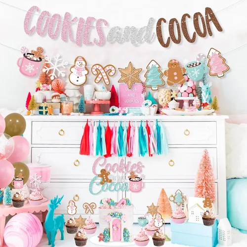 Vista 5 de Decoraciones de fiesta de galletas y cacao, banner de galletas rosas y cacao, banner navideño de hombre de jengibre, globos para adorno de pastel