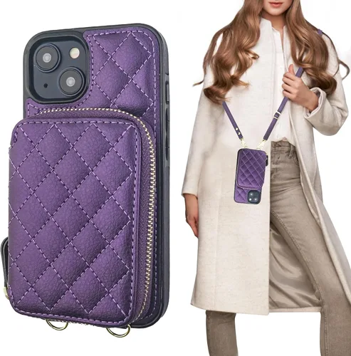 Vista 12 de Bocasal Funda tipo cartera cruzada para iPhone 14, con bloqueo RFID, de piel sintética, con cremallera, funda tipo cartera con función atril y Negro