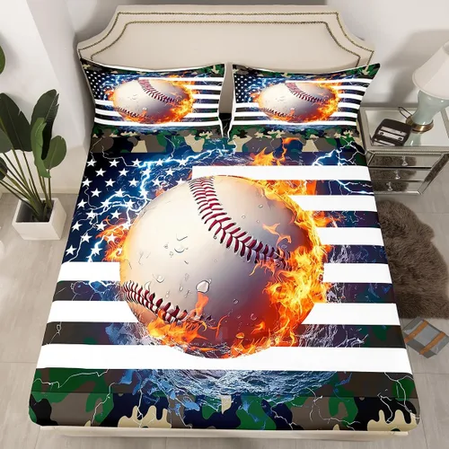 Vista 34 de Erosebridal American Flag Fitted Sheet Twin, Hockey Bedding Set United States Sports Games Bed Sheets for Kids Boys Teens Bedroom, Red White