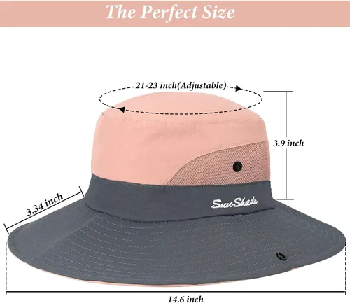 Vista 17 de Sombrero de pesca de playa de ala ancha para mujer, con protección UV, plegable, con agujero para cola de caballo