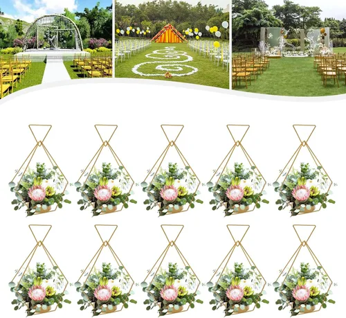 Vista 10 de Jarrones dorados para centros de mesa de boda, 10 piezas de centro de mesa de metal geométrico dorado, elegantes centros de mesa de boda para mesas