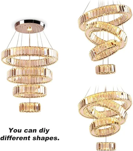 Vista 7 de Candelabro LED de 4 anillos para comedor, moderna lámpara de cristal colgante, lámparas de techo alto para dormitorio, sala de estar, comedor