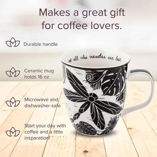 Vista 6 de Karma Taza bohemia de 16 onzas con diseño de mariposa y libélula en blanco y negro, bonita taza de café y té, cerámica, 16 onzas, redonda