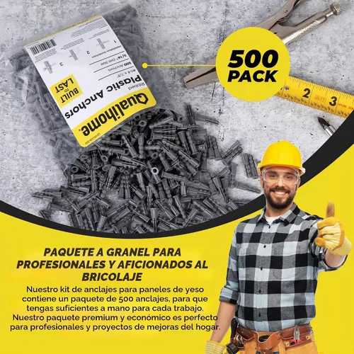 Vista 4 de Anclajes de yeso de plástico acanalados Qualihome - Anclajes de pared para paneles de yeso - Anclajes de tornillo de plástico para paneles de yeso