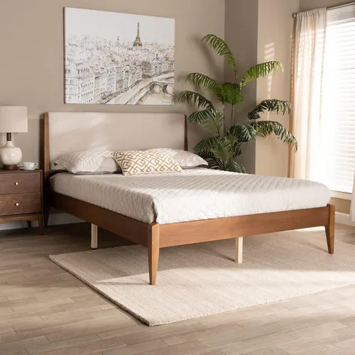 Vista 2 de Baxton Studio Lenora Mid-Century - Cama de plataforma tapizada de tela beige moderna y acabado marrón nogal, tamaño King