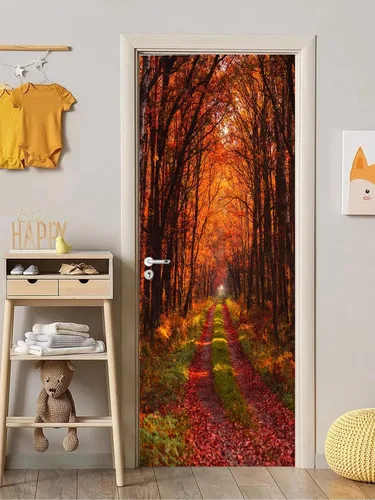 Vista 22 de artfanke Murales 3D de bosque caducifolio amarillo para puerta, 30.3 x 78.7 pulgadas, calcomanías autoadhesivas para puerta, póster de bricolaje