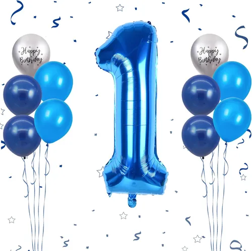 Vista 14 de Globos azules del número 18 de 40 pulgadas, globos de cumpleaños de 18 años, globos de látex azul claro y azul oscuro con impresión plateada