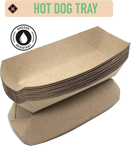 Vista 5 de Mr Miracle Bandeja de papel para perros calientes de 7 pulgadas en papel kraft. Paquete de 25. Desechable, reciclable y totalmente biodegradable.
