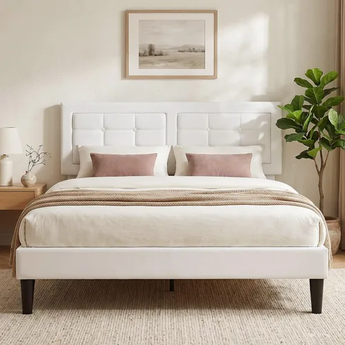 Vista 24 de VECELO Base de cama tamaño matrimonial, cabecera tapizada ajustable con botones, marco de cama resistente con soporte de listones de madera,
