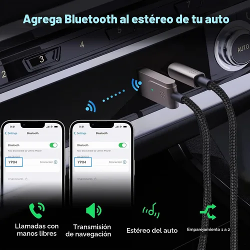 Vista 6 de Adaptador Bluetooth 6.0 a auxiliar para automóvil o amplificador, receptor Micrófono integrado, compatible con altavoz con cable, automóvil