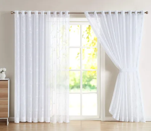 Vista 17 de Cortinas LinenZone de piso a techo para ventanas extra anchas. Cortinas transparentes blancas para divisores de habitación con bordado de hojas rosa