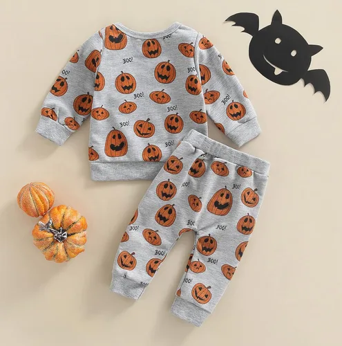Vista 3 de Sudadera de calabaza para bebé niño y niña, mi primer disfraz de Halloween, camiseta + pantalones largos con cordón para recién nacido, Halloween, 2