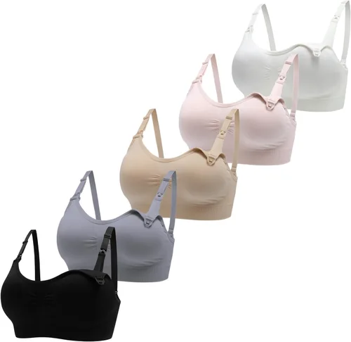Vista 7 de Brasier de lactancia sin costuras para mujer - Bralette de maternidad para dormir y amamantar. Paquete de 3 3negro2beige
