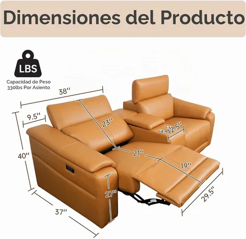Vista 2 de Sofá reclinable eléctrico de dos plazas, sofá modular reclinable con reposacabezas ajustable y reclinable eléctrico, cuero transpirable con consola