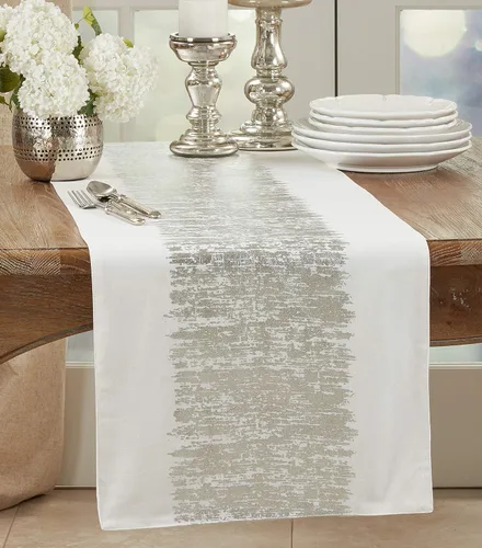 Vista 2 de SARO LIFESTYLE Agatha Collection - Camino de mesa con diseño de bandas metálicas plateadas, 16 x 72 pulgadas, rectangular, 16 x 72 pulgadas Plata