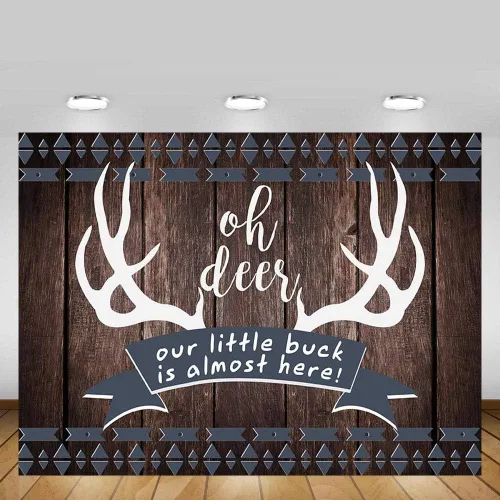 Vista 2 de MEHOFOND 7 x 5 pies rústico Oh Deer Baby Shower fondo de madera It's a Boy Buck On The Way Baby Shower Antlers Woodland telón de fondo decoración