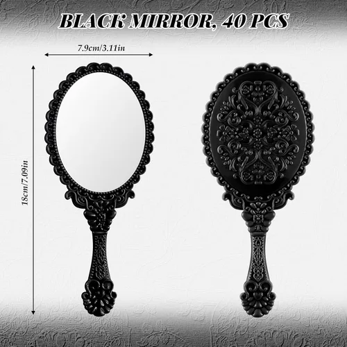 Vista 2 de Namalu 40 piezas de espejo de mano vintage pequeño en relieve, portátil, lindo espejo compacto con asa para mujeres, regalos de fiesta de San Negro