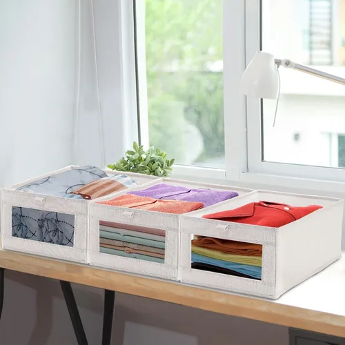 Vista 6 de Coloch Paquete de 6 contenedores de almacenamiento de lino con ventana transparente, caja de almacenamiento plegable para armario, organizador